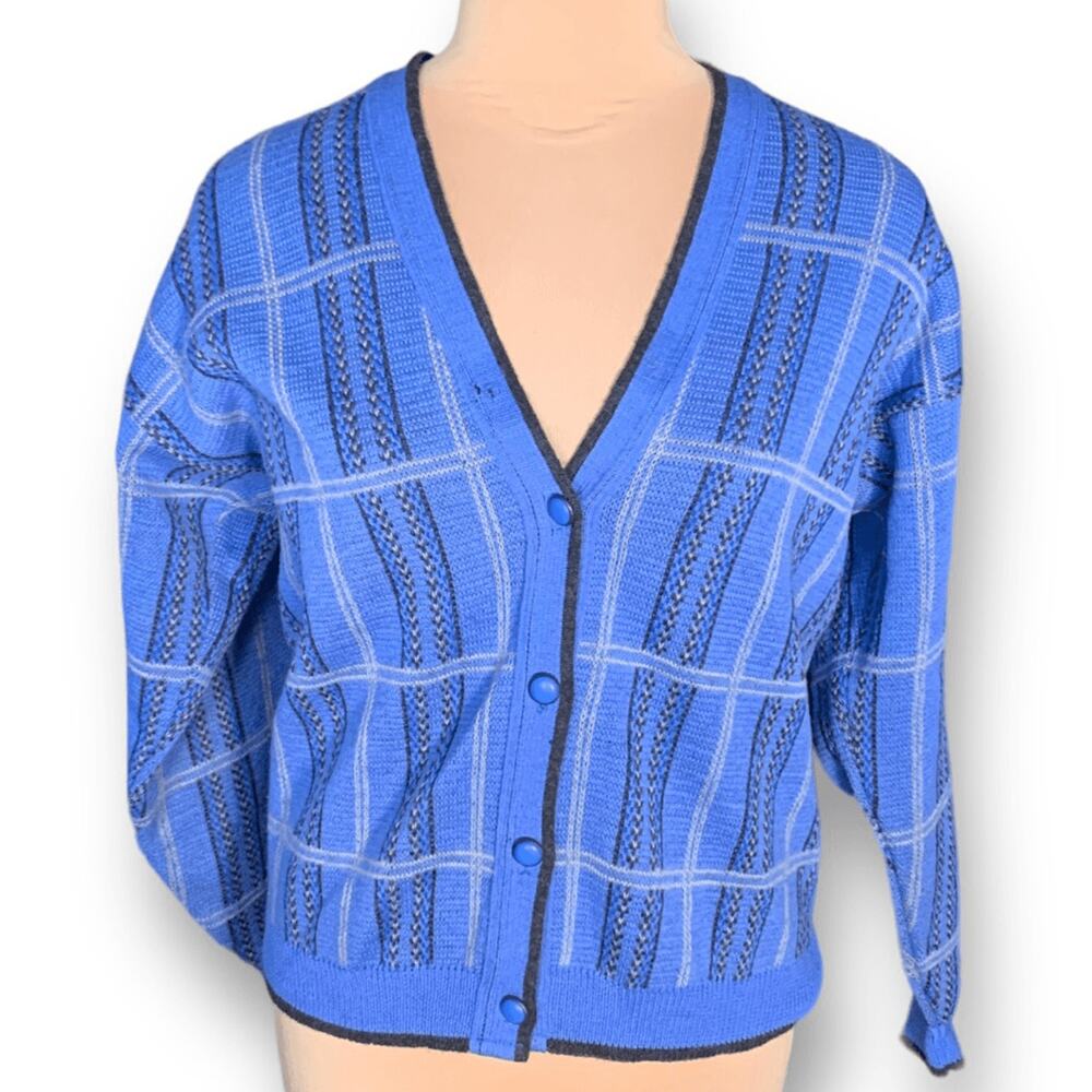 Vintage Pendleton Wool Knit Cardigan Navy Plaid Grandpa Sweater Large Preppy